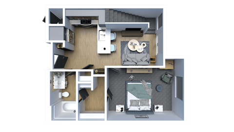 a 3d floor plan of a house with a bedroom and a living room